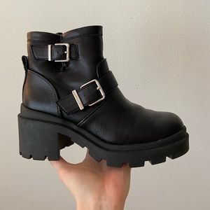 Black platform heel boots silver buckles size 7